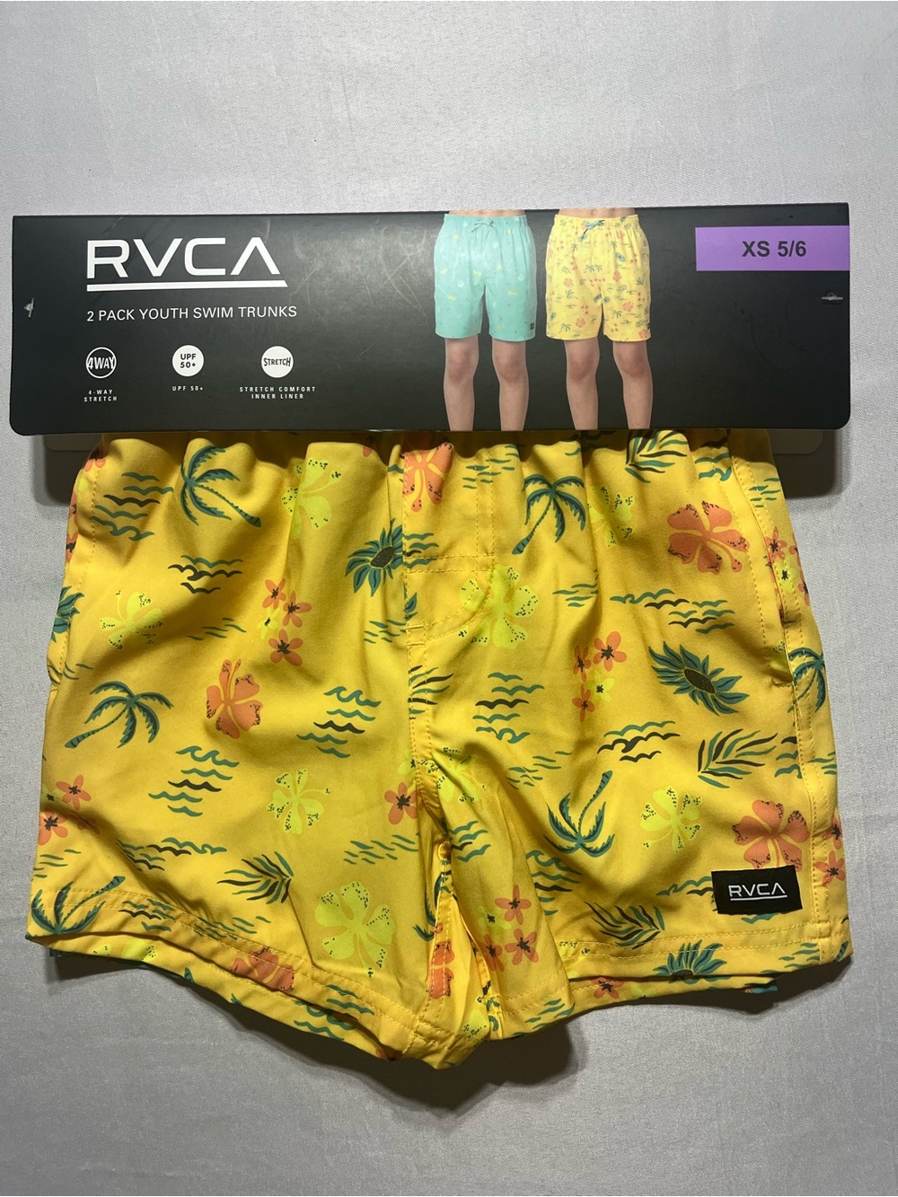 RVCA Boys XSmall (5/6) Yellow/Green Tropical Print Swim Trunk Shorts 2 Pack
